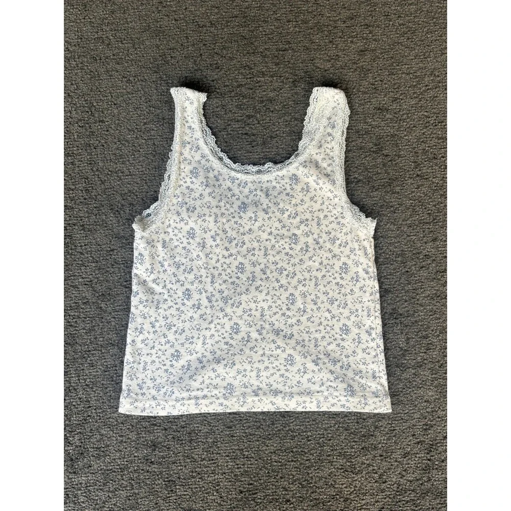 Brandy Melville Blue Floral Lace Trim Cotton Tank Top One Size Camisole White